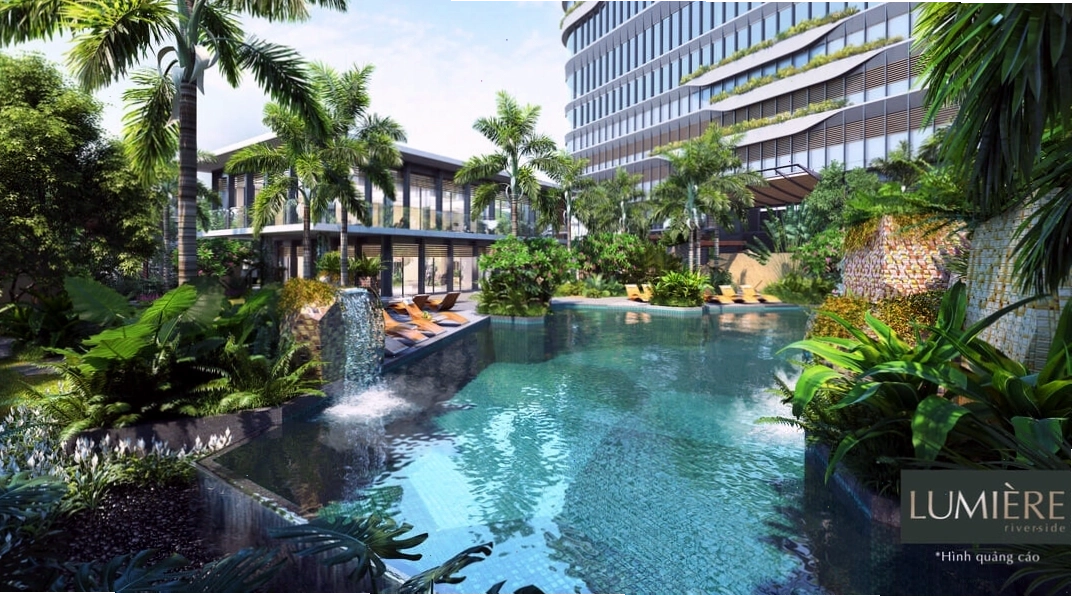 Cây xanh và thác nước tạo cảnh quan thiên nhiên sang trọng tại Lumière Riverside