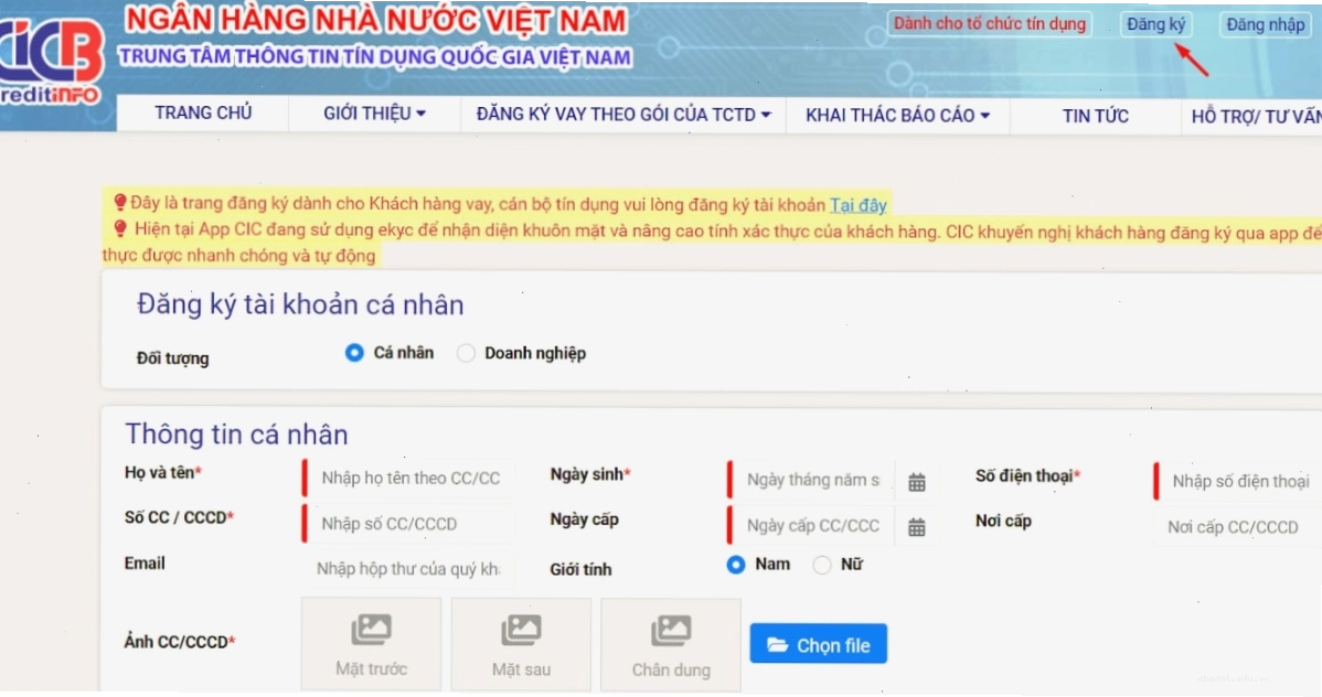 Đăng ký tài khoản CIC để kiểm tra lịch sử tín dụng cá nhân trực tuyến